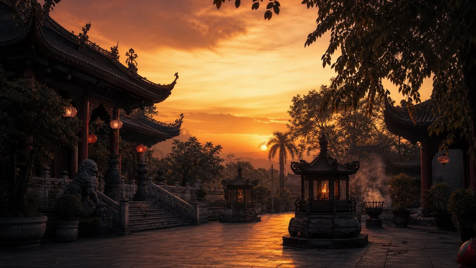 夕阳殿宇背景